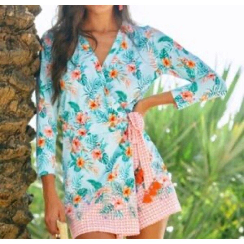 Cabana Life Tropical Floral Romper Beach Cover Up AND matching Bathing suit L